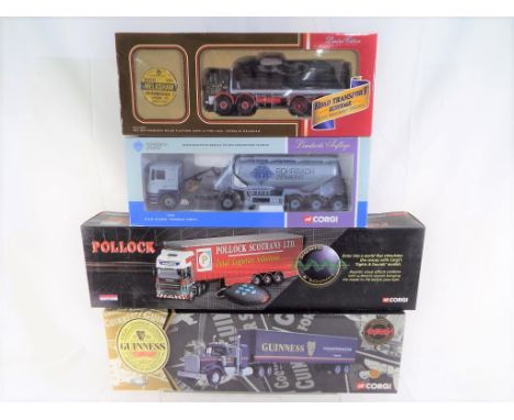 Corgi - four diecast 1:50 scale models, Guinness Kenworth with semi box trailer #55801, Scania Topline curtainside Trailer, P