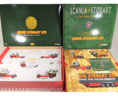 Corgi Eddie Stobart - two 1:50 scale diecast boxed sets, Scania at Stobart limited edition set comprising Scania T Cab, Scani