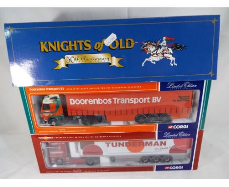 Corgi - 3 diecast 1:50 scale models Scania Topline Curtainside, Knights of the Road # CC12911, Volvo FH12 Curtainside, De Boe