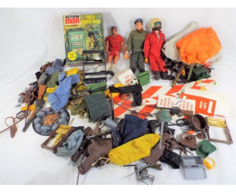 Action Man - two Action Man figures, one boxed field radio pack and a quantity of Action Man clothing and accessories all in 