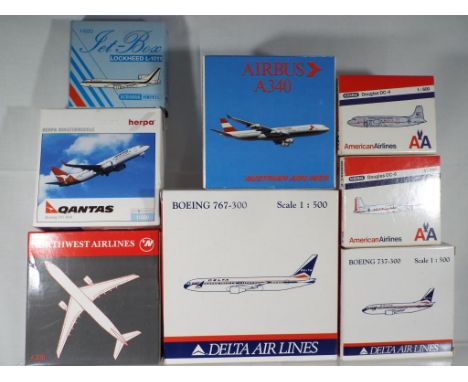 Schabak and Herpa - eight boxed diecast airplane 1:500 and 1:600 scale comprising 954371, 505833, 955132, 909/24, 825213, 827