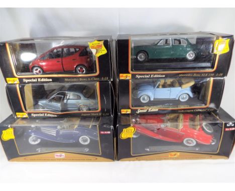 Maisto - six 1/18 scale precision diecast models, 3 x Mercedes, 2 x Jaguar, Volkswagen (all different) excellent in original 