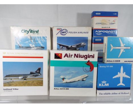 Herpa and Schabak - eight boxed diecast airplanes 1:500 and 1:600 scale comprising 502924, 502917, 500968, 504850, 531398, 51