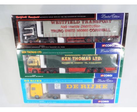 Corgi - 3 diecast 1:50 scale models, MAN TGA Curtainside, Ken Thomas Ltd # CC13403, Scania 4 series Curtainside, Westfield Tr