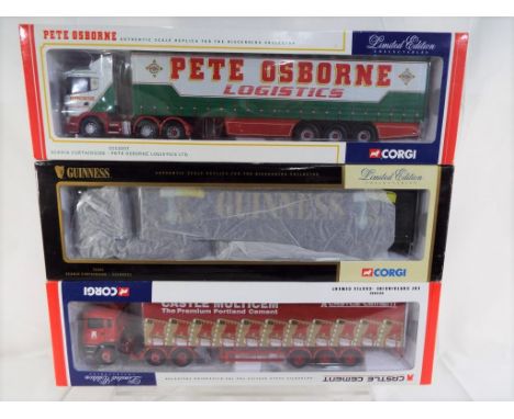 Corgi - 3 diecast 1:50 scale models Scania Curtainside, CC12207, Guinness Curtainside #76403 and ERF Curtainside, Castle Ceme