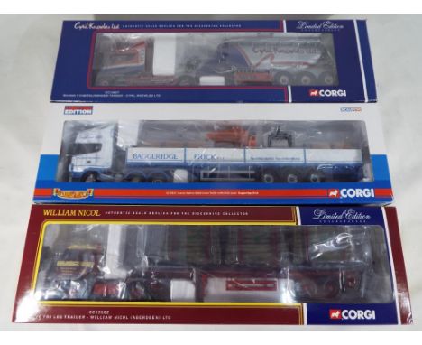 Corgi - 3 diecast 1:50 scale models Scania T-Cab Feldbinder Tanker, Cyril Knowles # CC12807, Volvo F88 Log Trailer, William N