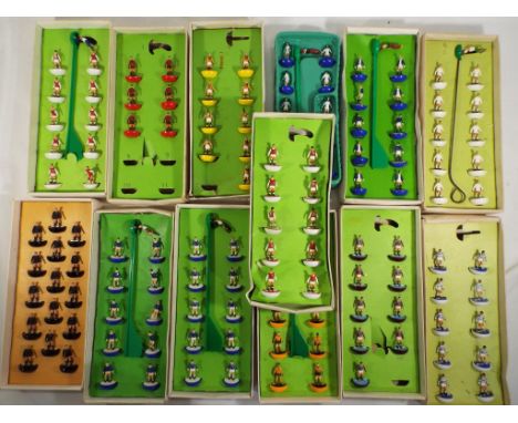 Subbuteo - thirteen boxed teams plus eight empty boxes includes Ipswich Town, QPR, Arsenal, Leeds United, Everton, Wolverhamp