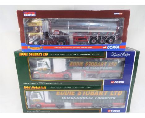 Corgi - 3 diecast 1:50 scale models, Eddie Stobart Ltd, Scania T-Cab Bulk Tipper # CC12802, Eddie Stobart MAN TGA Curtainside