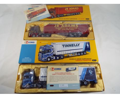 Two Corgi 50th Anniversary 1:50 scale models - AN13418 ERF ECT Olympic Curtainside J.R. Adams and AN13710 Scania R Series Cur