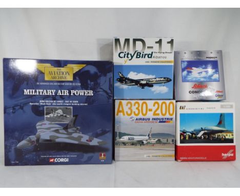 Corgi, Herpa, Dragon and Gemini Jets - five boxed diecast airplanes 1:400, 1:44 and 1:200 scale comprising 48301, 55606, 5506