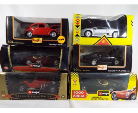 Maisto and Burago - six boxed diecast vehicles 1:24 scale, comprising a VW Beetle, a Porsche 911, a Mercedes SSK from 1928 an