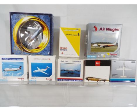 Herpa and Schabak - eight boxed diecast airplanes in 1:500 and 1:600 scale comprising 509275, 513838, 512152, 509268, 934212,