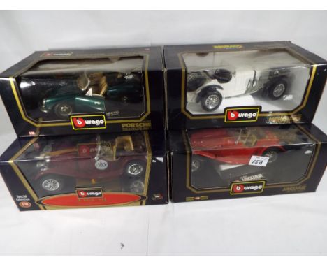 Burago - five 1/18 scale precision diecast models, 3 x Jaguar, Mercedes, Porsche (all different), excellent in original windo