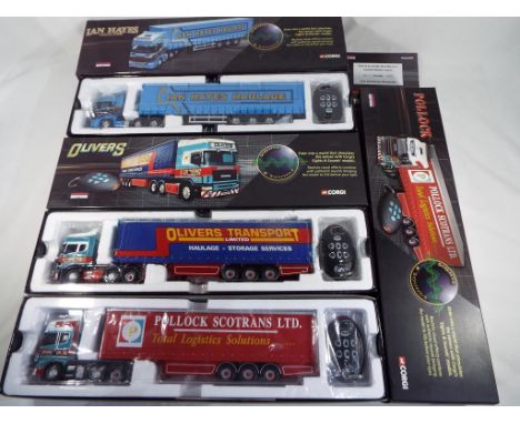 Corgi Sights and Sounds 1:50 scale model - three boxed sets Scania Topline Curtainside Trailer, Pollock, Ian Hayes and Oliver