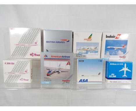 Herpa and Schabak - eight boxed diecast airplanes in 1:500 and 1:600 scale comprising 928495, 93/49, 922585, 923/5, 503600, 5