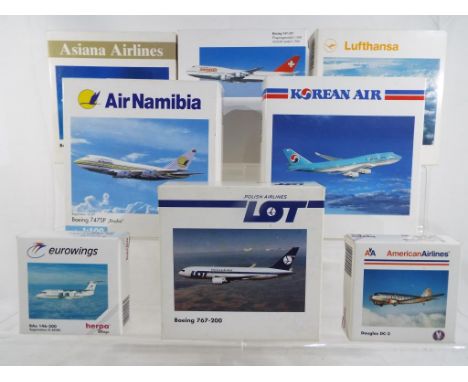 Herpa - eight boxed 1:500 scale planes comprising 516013, 500661, 503907, 500890, 504256, 502533, 511094 and 511032, conditio