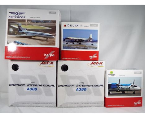 Herpa and Dragon - five boxed diecast airplanes 1:200 and 1:400 scale comprising JX054, JXM130, 557382, 556613 and 557931, in