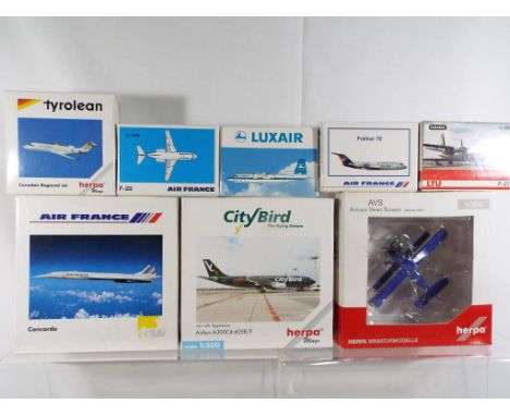 Herpa and Schabak - eight boxed diecast airplanes 1:200, 1:500 and 1:600 scale comprising 501910, 507028, 556927, 511117, 930