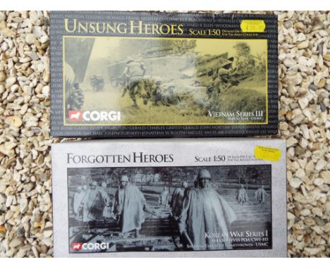 Corgi - two diecast 1:50 scale models comprising Unsung Heroes, M48 A3 tank, USMC and Forgotten Heroes, Sherman tank with fla