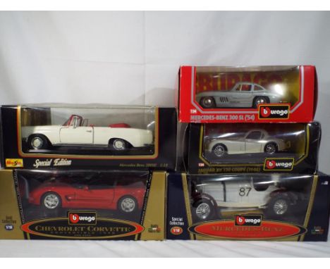 Maisto and Burago - five boxed diecast vehicles :18 and 1:24 scale comprising a Chevrolet Corvette, a Mercedes 280 SE, a 1928