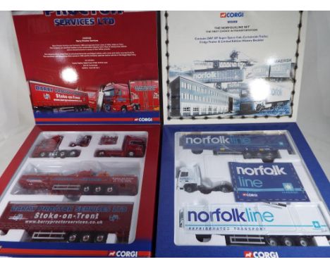 Two Corgi diecast boxed 1:50 scale sets comprising Scania Topline sided Crane Trailer and Brick Load, DAF XF Curtainside and 