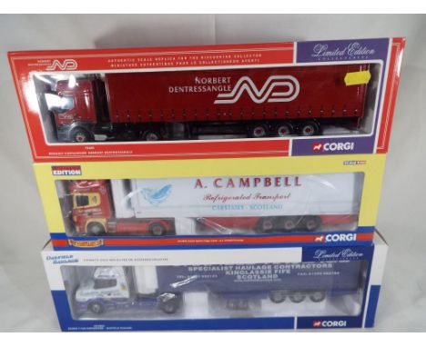 Corgi - 3 diecast 1:50 scale models Scania T-Cab Curtainside, Oakfield Haulage # CC12811, Renault Curtainside, Norbert Dentre