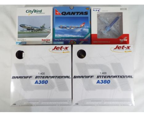 Herpa and Dragon - five boxed diecast airplanes 1:200 scale, 1:400 scale and 1:500 scale  comprising JX053, JXM126, 557153, 5