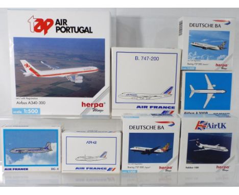 Herpa and Schabak - eight boxed diecast airplanes in 1:500 and 1:600 scale comprising 090130, 090338, 092936, 093834, 511506,