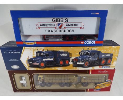 Corgi - 3 diecast 1:50 scale models, AEC MKV 8-wheel sheeted platform lorry and trailer, Smith of Maddiston # CC11505, Pickfo