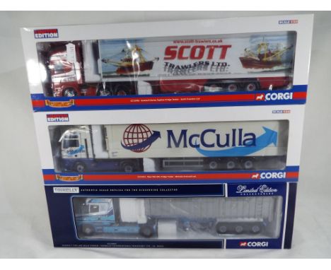 Corgi - 3 diecast 1:50 scale models Scania R Series Topline Fridge Trailer, Scott Trawlers # CC13705, MAN TGA XXL Fridge Trai