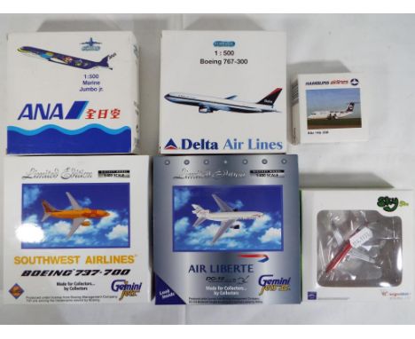 Schabak, Herpa and Gemini - five boxed diecast airplanes 1:400 and 1:500 scale comprising GASWA283, GJLIB413, 82717, 827880, 