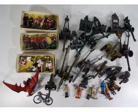 Britains and LoneStar and others - sixteen diecast army field guns from World War Two (WWII) also three boxes of military fig