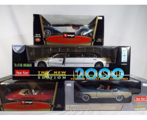 Sun Star and Burago - four diecast vehicles 1:18 scale comprising Mercedes 220 SE, Lincoln Limousine, Alfa Romeo Spider and a