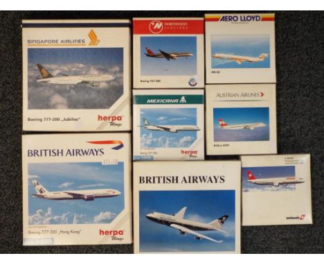 Herpa - eight boxed diecast airplanes in 1:500 scale comprising 506380, 500708, 506465, 503716, 507608, 508612, 503779 and 50