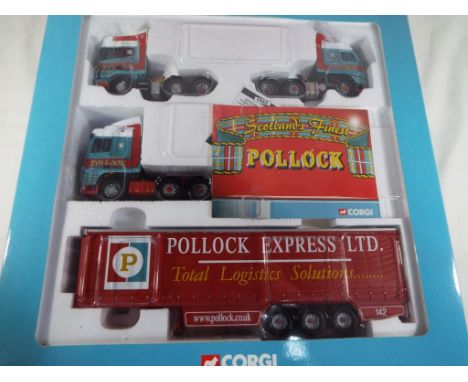 Corgi - a 1:50 scale boxed set  Pollock, Scotland's Finest comprising 3 x Tractor Units, Curtainside Trailer and History Book