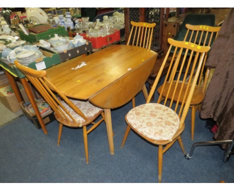 AN ERCOL GOLDEN DROP LEAF TABLE AND FOUR CHAIRS A/F
