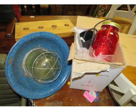 AN INDUSTRIAL STYLE PENDANT LAMP, OAK WINE BOTTLE HOLDER AND ANOTHER PENDANT LAMP (3)