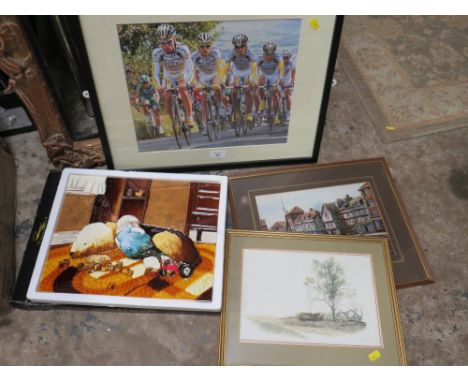 A HAND CRAFTED PICTURE OF A BOY AND HIS DOG ON A TILE, TOGETHER WITH THREE PICTURES AND A PICTURE FRAME (5)