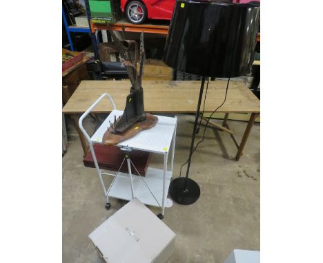 FIVE MODERN ITEMS TO INCLUDE A FLOOR LAMP, FOLDING SERVING TROLLEY, BOXED INDUSTRIAL STYLE LAMP A CUTLERY BOX PLUS A WOODEN &