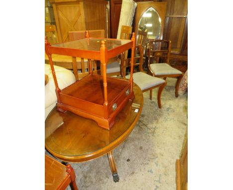 AN OVAL YEW WOOD COFFEE TABLE, TWO CHAIRS AND TWO LAMP TABLES
