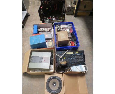 A SELECTION OF ELECTRICAL PARTS AND TOOLS WITH A STRONG BOX, BOXED SLIDE PROJECTOR AND TOOL BOX WITH CONTENTS