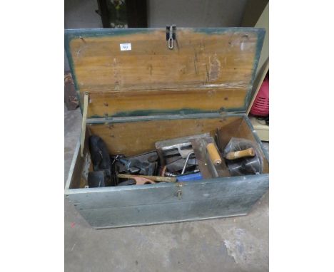 A WOODEN TRAVEL BOX AND TOOLS