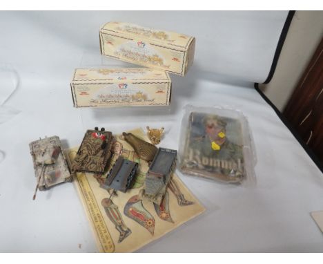 A COLLECTION OF MILITARY AND ROYAL TOYS ETC TO INCLUDE A POWDER FLASK 