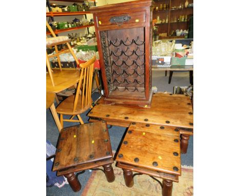 A COLONIAL STYLE HARDWOOD COFFEE TABLE, WINE RACK AND 2 LAMP TABLES