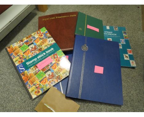 A BAG OF STAMPS TO INCLUDE THREE PART FILLED STOCK BOOKS, TWO SMALL STOCK BOOKS - CANADA / GERMANY AND AN ALBUM OF FIRST DAY 