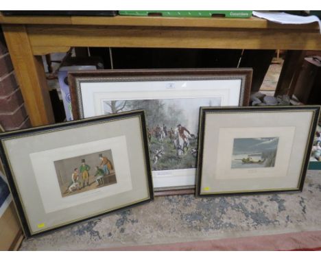 A LARGE 'BREAKING COVER' HUNTING PRINT AND A PAIR OF SPORTING PRINTS (3)