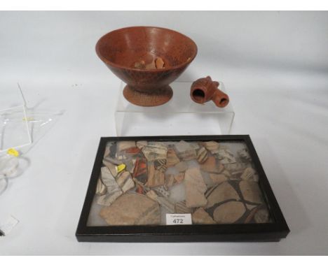 PRE COLUMBIAN POTTERY BOWL, PIPE BOWL, STONE HEAD, and a collection of native American framed glazed pottery fragments from A