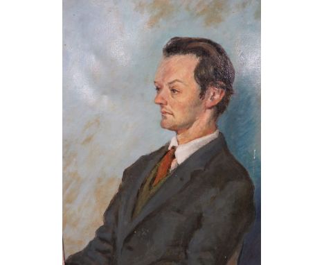 A MID 20TH CENTURY OIL ON CANVAS HALF LENGTH PORTRAIT OF A GENTLEMAN. SIGNED RENEE 63 CM X 75 CM ( INCLUDING FRAME )