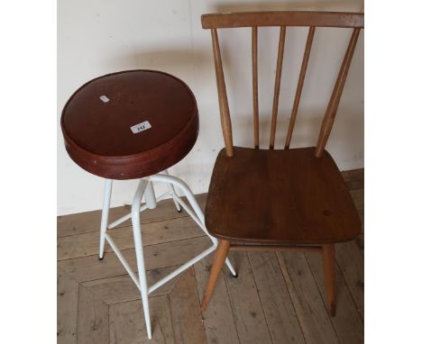 Retro circular top metal framed bar stool and an Ercol light wood stick back dining chair (2) 