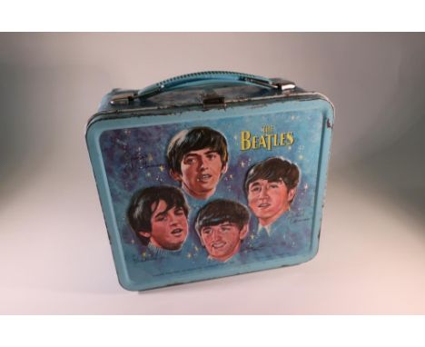 Original The Beatles tin lunchbox complete with thermos type flask, copyright 1965 Nems Enterprises Ltd Aladdin Industries In